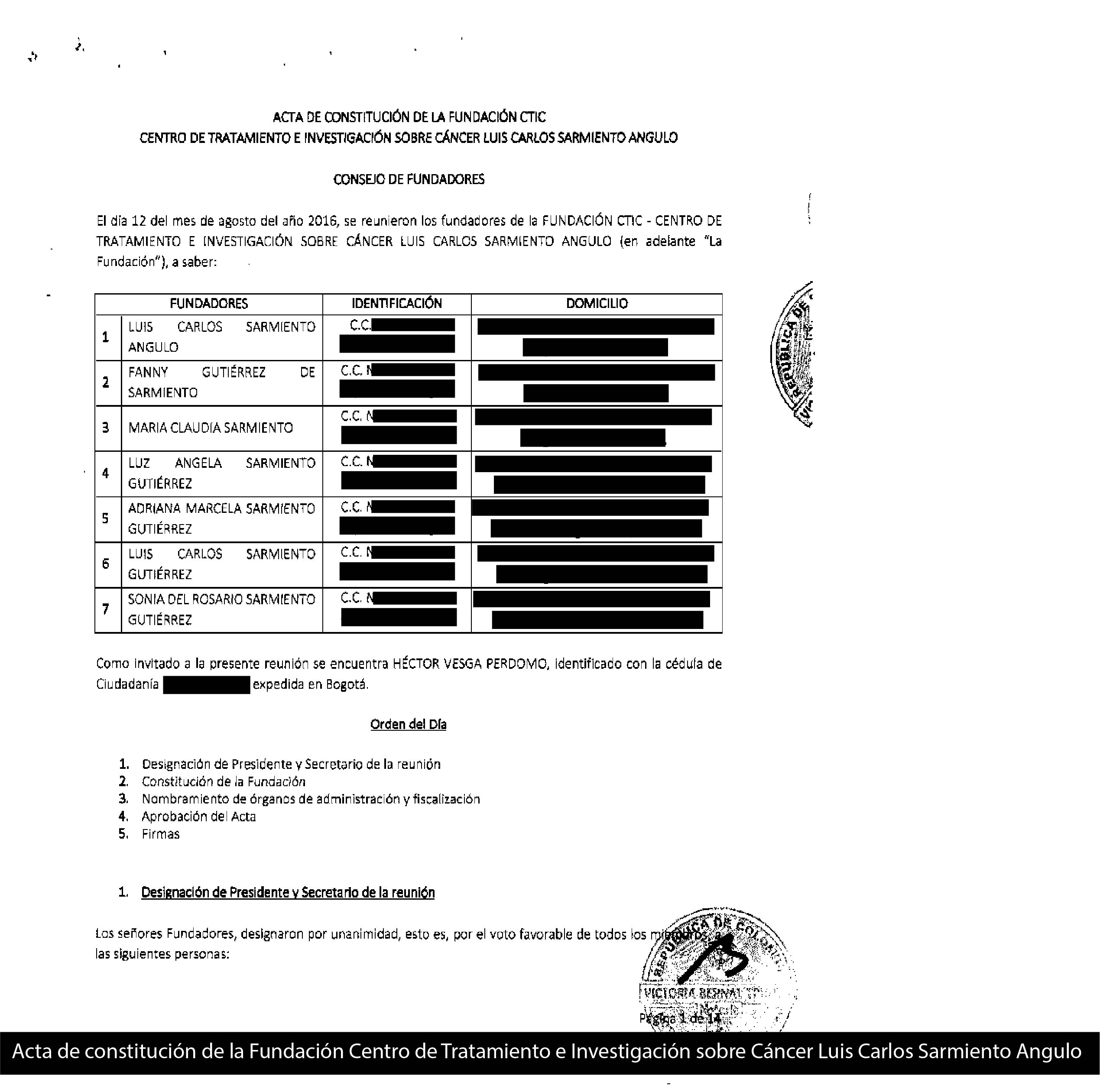 Acta de constitución de la Fundación Centro de Tratamiento e Investigación sobre Cáncer Luis Carlos Sarmiento Angulo