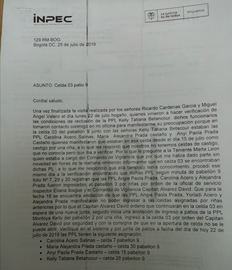 FACISIMIL DE COMUNICACIÓN DEL 25 DE JULIO DIRIGIDA A IMELDA LOPEZ ASUNTO CELDA 3 PATIO 9