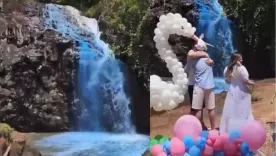 Pareja pintó de azul una cascada para revelar el sexo de su bebé 