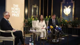 Maria Corina Machado en rueda de prensa en Oslo